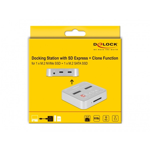 Delock Dokkoló állomás - 64138 (1 x M.2 NVMe SSD + 1 x M.2 SATA SSD számára SD Express (SD 7.1) kártyaolvasóval és klón