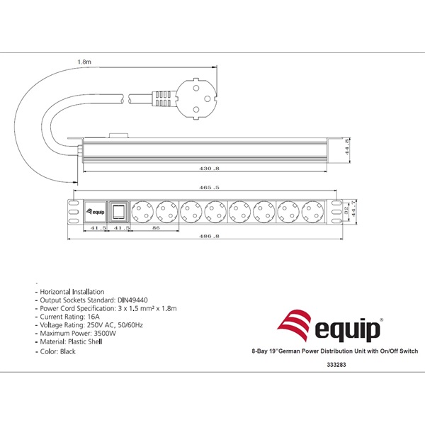 Equip Hálózati Elosztó - 333282 (C14, 9 Schuko, Rack 1U, 1,8m kábel, fekete)
