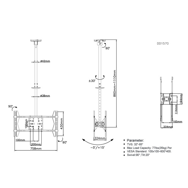 Equip TV Mennyezeti konzol - 650370 (32"-65", 2 kijelző, Max.: 40kg, dönthető, forgatható, állítható magasság, fekete)