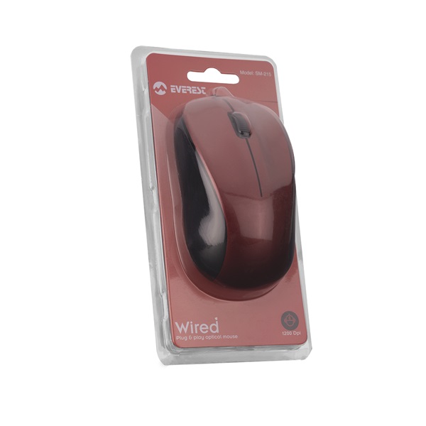 Everest Egér - SM-215 Red (1200 DPI, 3gomb, 1,5m kábel, optikai, piros)