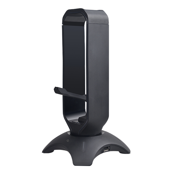 Rampage Fejhallgató állvány - RM-H66 GUARD (fekete, műanyag, USB HUB, Egérkábel tartó, RGB)