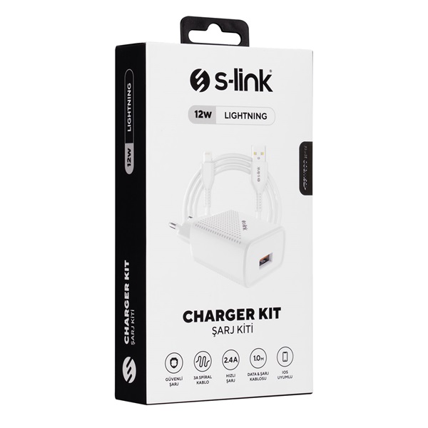 S-Link Telefon töltő - SL-EC40L (1db USB, 5V/2.4A, 12W, Gyorstöltés, Lightning-USB 100cm adat+töltőkábel, fehér)