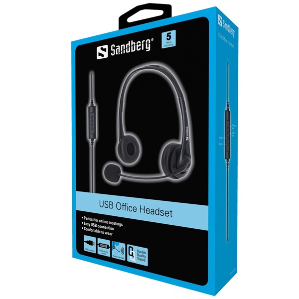 Sandberg Fejhallgató - USB Office Headset (USB; mikrofon; hangerő szabályzó; 2m kábel; fekete)