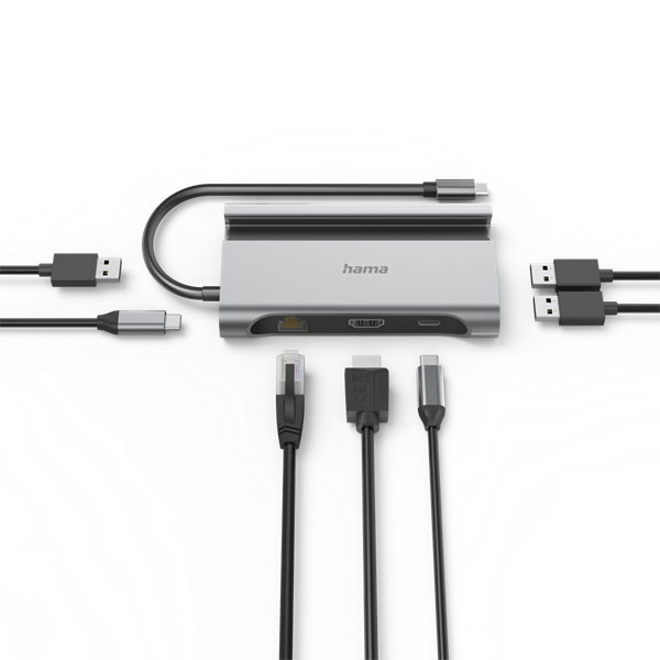 Hama USB HUB - 200143 (USB-C 7in1, 3xUSB 3.1, 2xUSB-C, 1xHDMI, 1xLAN, 100W PD, szürke)