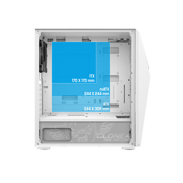 Spirit of Gamer Számítógépház - CLONE 4 White (fekete, ablakos, 8x12cm ventilátor, alsó táp, ATX, 1xUSB3.0, 2xUSB2.0)