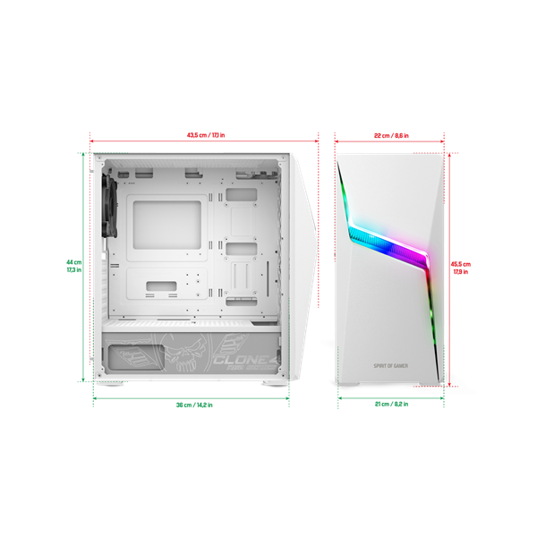 Spirit of Gamer Számítógépház - CLONE 4 White (fekete, ablakos, 8x12cm ventilátor, alsó táp, ATX, 1xUSB3.0, 2xUSB2.0)