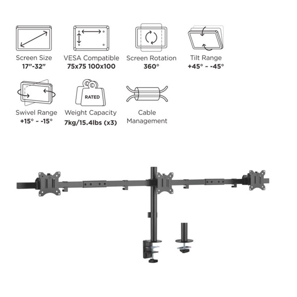 Equip Monitor Asztali konzol - 650158 (13"-27" -3 monitor -dönthető -forgatható -állítható magasság Max.: 3x7kg -fekete)
