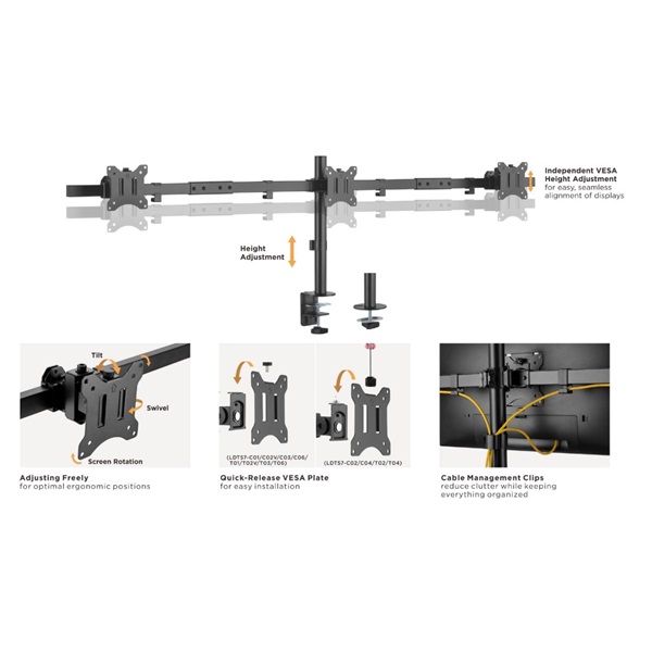 Equip Monitor Asztali konzol - 650158 (13"-27" -3 monitor -dönthető -forgatható -állítható magasság Max.: 3x7kg -fekete)