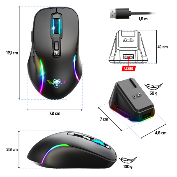 Spirit of Gamer Egér Vezeték nélküli - ELITE-M50 Black (Optikai -8000DPI -1000Hz -6 programozható gomb -RGB -fekete)