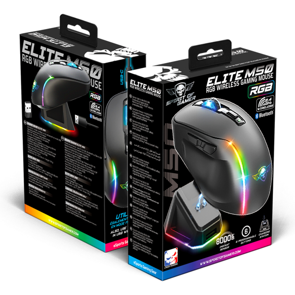 Spirit of Gamer Egér Vezeték nélküli - ELITE-M50 Black (Optikai -8000DPI -1000Hz -6 programozható gomb -RGB -fekete)