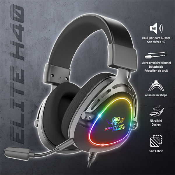Spirit of Gamer Fejhallgató - ELITE H40 Black (MultiPlatform -RGB -3.5mm Jack -mikrofon -hangerőszabályzó -nagy-párnás)