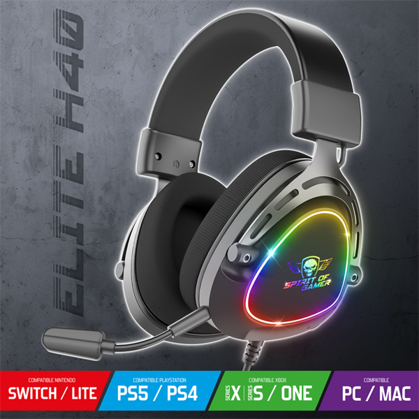 Spirit of Gamer Fejhallgató - ELITE H40 Black (MultiPlatform -RGB -3.5mm Jack -mikrofon -hangerőszabályzó -nagy-párnás)