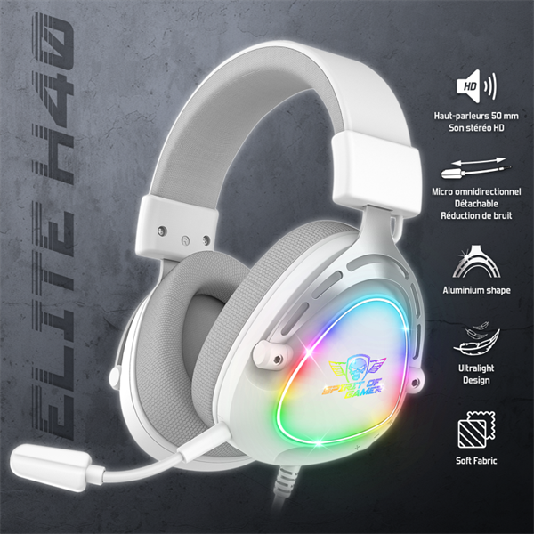 Spirit of Gamer Fejhallgató - ELITE H40 White (MultiPlatform -RGB -3.5mm Jack -mikrofon -hangerőszabályzó -nagy-párnás)