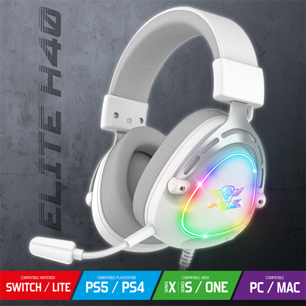 Spirit of Gamer Fejhallgató - ELITE H40 White (MultiPlatform -RGB -3.5mm Jack -mikrofon -hangerőszabályzó -nagy-párnás)