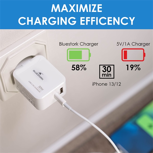 BLUESTORK Telefon töltő - PW-NB-30-C-A/2 (USB-C, USB-A, 30W, fehér)
