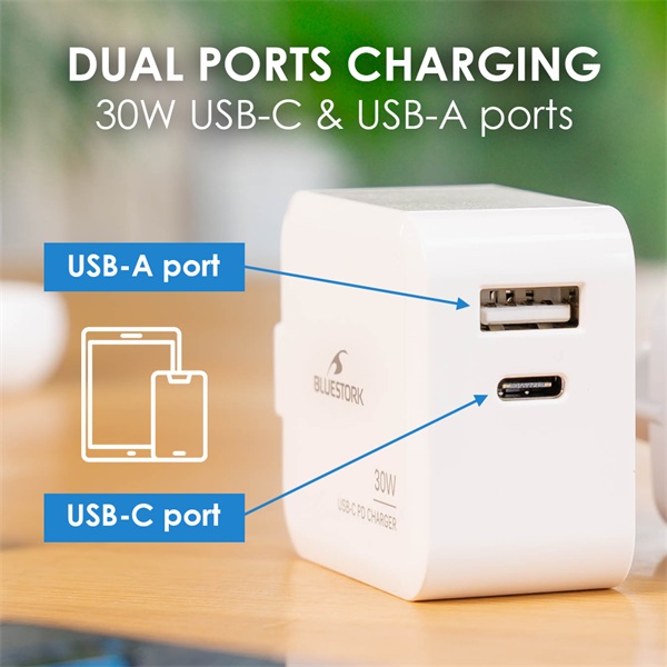 BLUESTORK Telefon töltő - PW-NB-30-C-A/2 (USB-C, USB-A, 30W, fehér)
