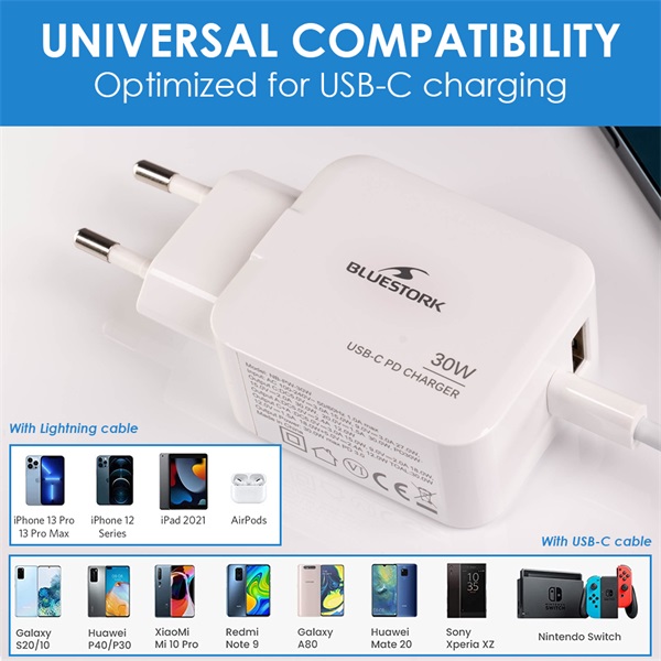 BLUESTORK Telefon töltő - PW-NB-30-C-A/2 (USB-C, USB-A, 30W, fehér)