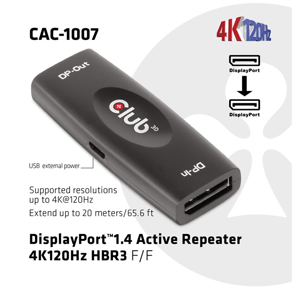 Club 3D Átalakító - CAC-1007 (DisplayPort 1.4, 4K120Hz HBR3, Aktív Ismétlő, F/F, 20m)