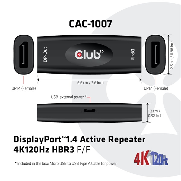 Club 3D Átalakító - CAC-1007 (DisplayPort 1.4, 4K120Hz HBR3, Aktív Ismétlő, F/F, 20m)
