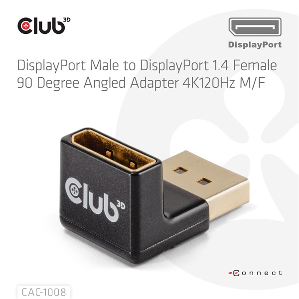 Club 3D Átalakító - CAC-1008 (90° DisplayPort 1.4, M/F, 4K120Hz, univerzális)