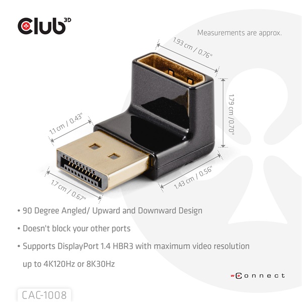 Club 3D Átalakító - CAC-1008 (90° DisplayPort 1.4, M/F, 4K120Hz, univerzális)