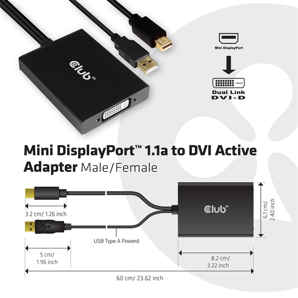 Club 3D Átalakító - CAC-1130 (Mini DisplayPort to Dual Link DVI-I Active, 4K30Hz)