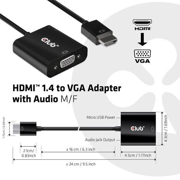 Club 3D Átalakító - CAC-1302 (HDMI 1.4 to VGA + Audio, 1080p@60Hz, Micro USB power)