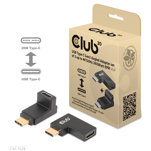 Club 3D Átalakító - CAC-1528 (USB-C Gen 2 to USB-C Gen 2, 90 fokos adapter, 10Gbps, 4k120Hz)