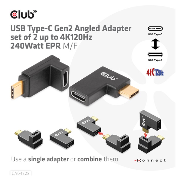 Club 3D Átalakító - CAC-1528 (USB-C Gen 2 to USB-C Gen 2, 90 fokos adapter, 10Gbps, 4k120Hz)