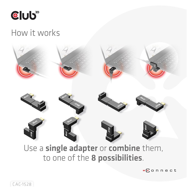 Club 3D Átalakító - CAC-1528 (USB-C Gen 2 to USB-C Gen 2, 90 fokos adapter, 10Gbps, 4k120Hz)