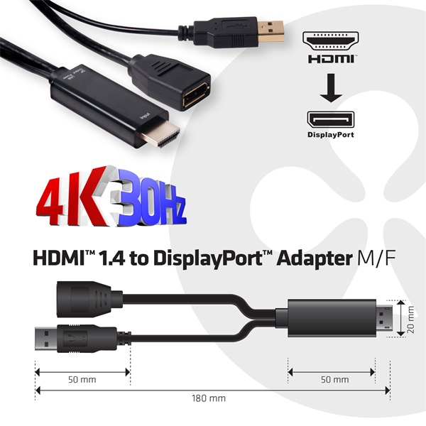 Club 3D Átalakító - CAC-2330 (HDMI to DisplayPort, 4K30Hz, FHD120Hz, USB-A táp)