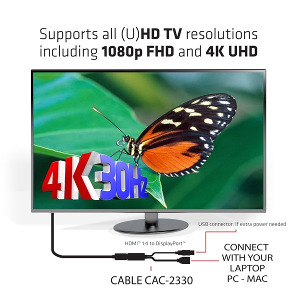 Club 3D Átalakító - CAC-2330 (HDMI to DisplayPort, 4K30Hz, FHD120Hz, USB-A táp)
