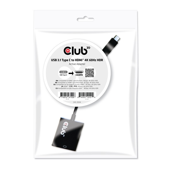 Club 3D Átalakító - CAC-2504 (3.1 USB-C Gen 1 to HDMI 2.0, 4K60Hz, HDR, Aktív)