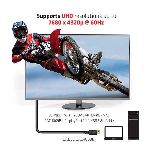 Club 3D Kábel - CAC-1069B (DisplayPort 1.4 HBR3, 8K@60Hz, 4m, 24AWG, fekete, VESA tanúsított, M/M)