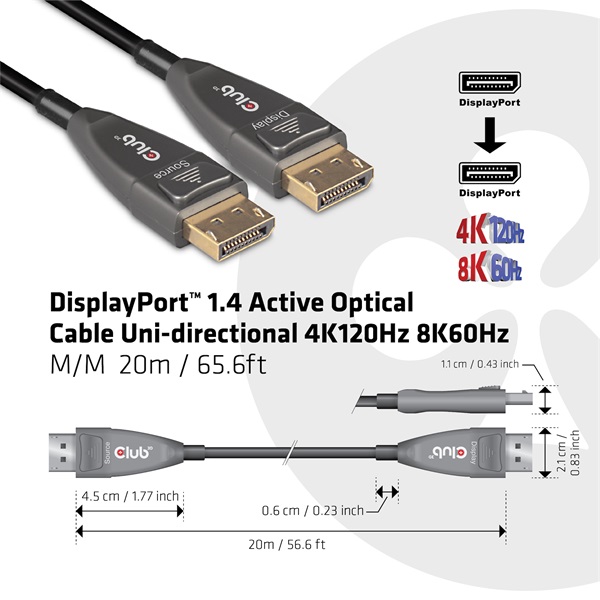 Club 3D Kábel - CAC-1079 (DisplayPort 1.4 Aktív Optikai Egyir. M/M, 8K@60Hz, 20m)