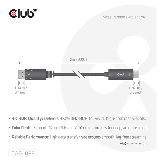 Club 3D Kábel - CAC-1083 (DisplayPort 1.4 to HDMI 2.0, aktív adapter, 4K60Hz, HDR, 2m)