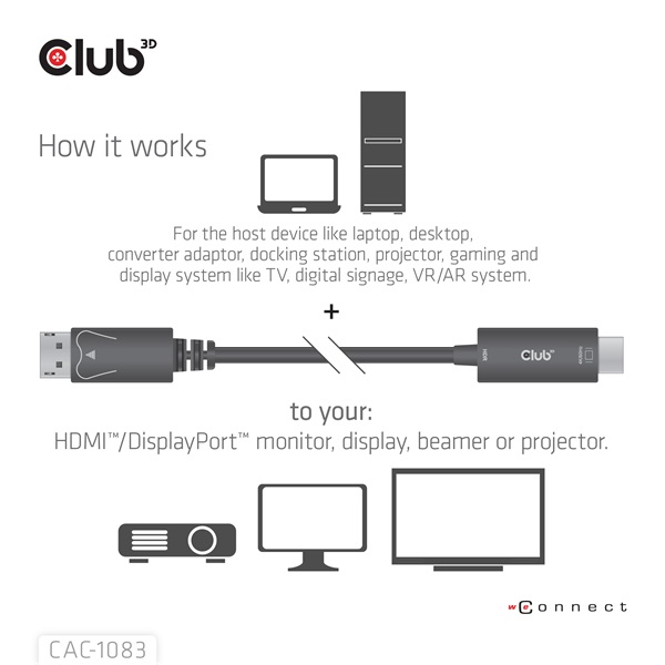 Club 3D Kábel - CAC-1083 (DisplayPort 1.4 to HDMI 2.0, aktív adapter, 4K60Hz, HDR, 2m)