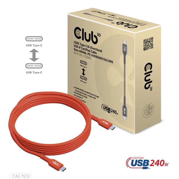 Club 3D Kábel - CAC-1513 (USB2 Type-C Bidirektional, 480Mb/s, PD 240W, USB-IF Certified, 3m)