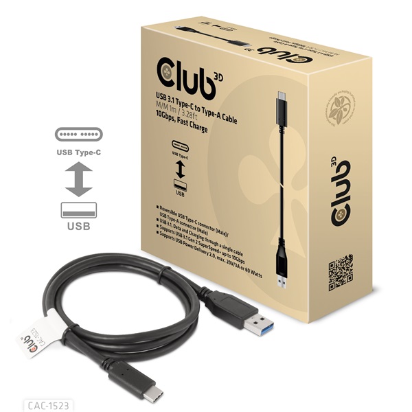 Club 3D Kábel - CAC-1523 (3.1 USB-C Gen 2 to 3.1 USB-A Gen 2, 10Gbps, 60W PD2.0, 1m, bidirectional, 4K60Hz)