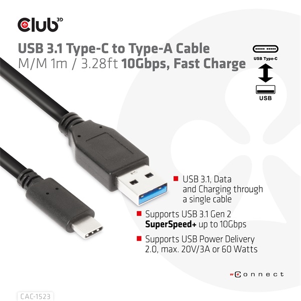 Club 3D Kábel - CAC-1523 (3.1 USB-C Gen 2 to 3.1 USB-A Gen 2, 10Gbps, 60W PD2.0, 1m, bidirectional, 4K60Hz)