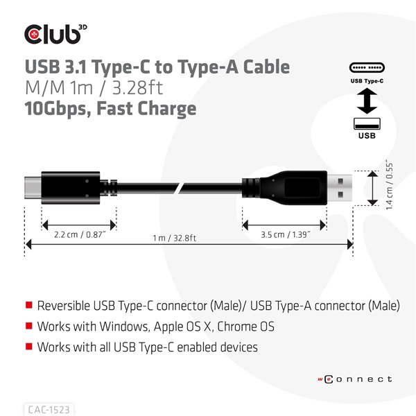 Club 3D Kábel - CAC-1523 (3.1 USB-C Gen 2 to 3.1 USB-A Gen 2, 10Gbps, 60W PD2.0, 1m, bidirectional, 4K60Hz)