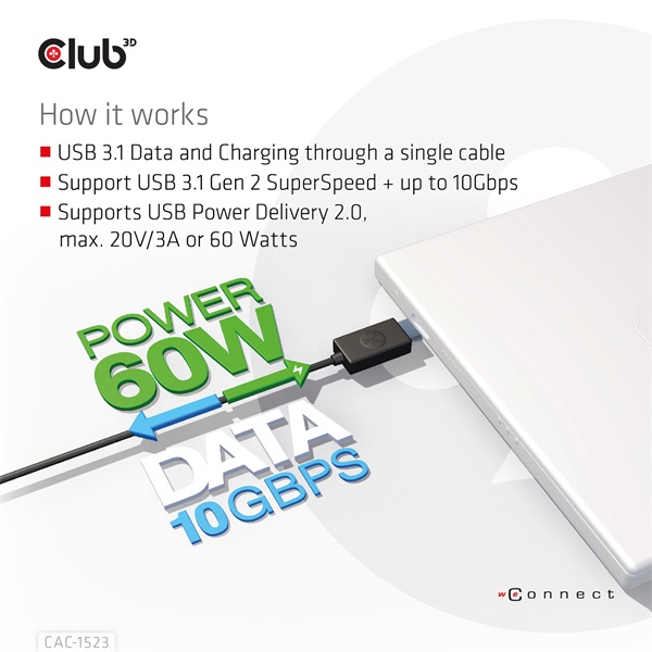 Club 3D Kábel - CAC-1523 (3.1 USB-C Gen 2 to 3.1 USB-A Gen 2, 10Gbps, 60W PD2.0, 1m, bidirectional, 4K60Hz)
