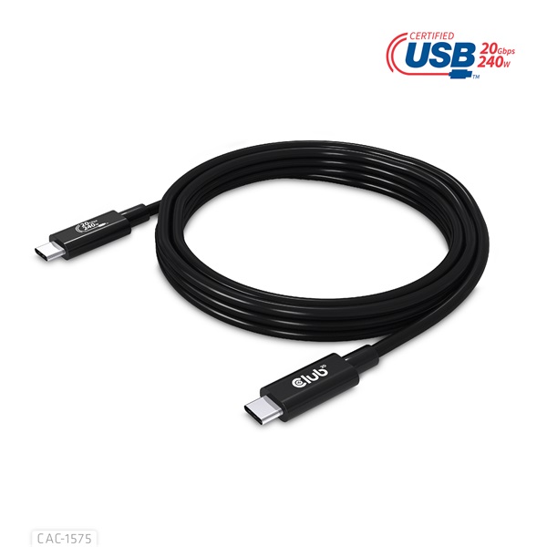 Club 3D Kábel - CAC-1575 (USB4 Type-C Gen 2x2, Bi-Directional USB-IF, 4K60Hz, 20Gbps, PD 240W(48V/5A) EPR M/M 2m)