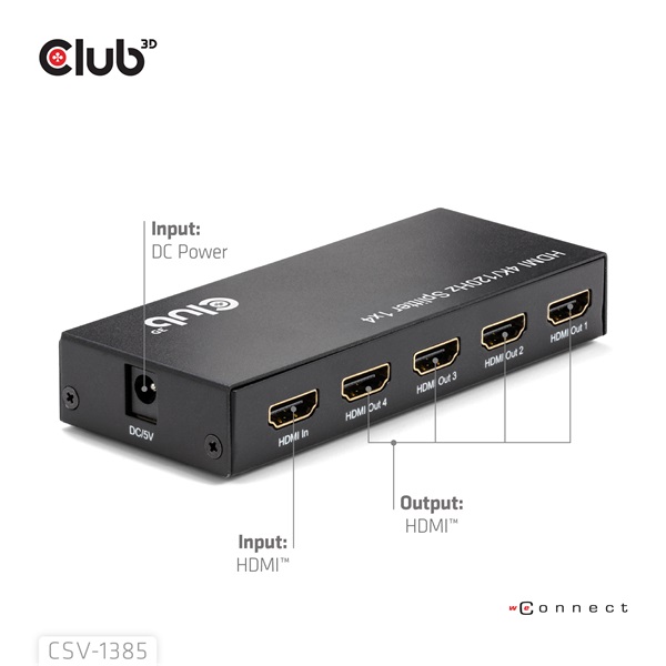 Club 3D Splitter - CSV-1385 (1 to 4 HDMI, 4K120Hz, 3D, HDCP 1.4/2.2, Audio, 6Gbps)