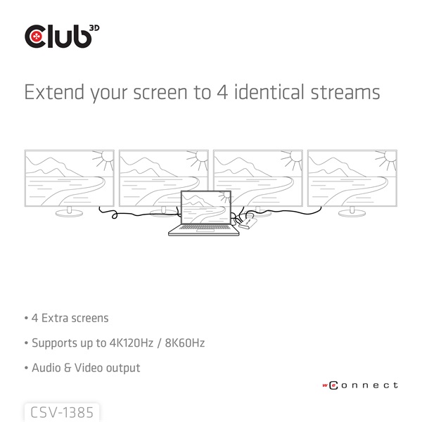 Club 3D Splitter - CSV-1385 (1 to 4 HDMI, 4K120Hz, 3D, HDCP 1.4/2.2, Audio, 6Gbps)