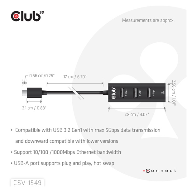 Club 3D USB Hub - CSV-1549 (3.2 USB-C Gen 1 to 3xUSB-A, RJ45,1Gbps)