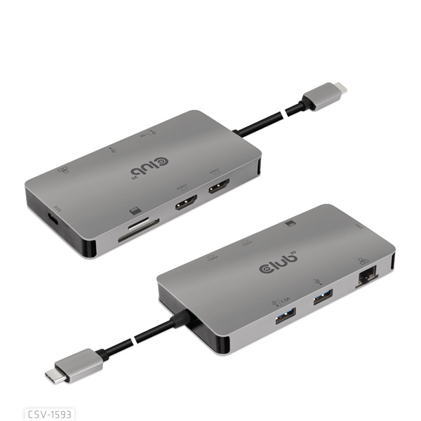 Club 3D USB Hub - CSV-1593 (3.1 USB-C Gen 1 to 2xHDMI, 2xUSB-A 3.2 Gen 1, USB-C 3.2 Gen 1, SD, Micro SD, RJ45, 4K60Hz)