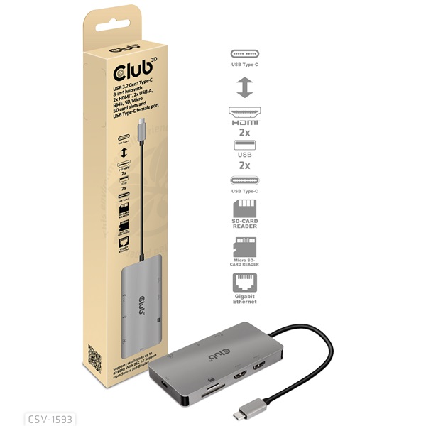 Club 3D USB Hub - CSV-1593 (3.1 USB-C Gen 1 to 2xHDMI, 2xUSB-A 3.2 Gen 1, USB-C 3.2 Gen 1, SD, Micro SD, RJ45, 4K60Hz)