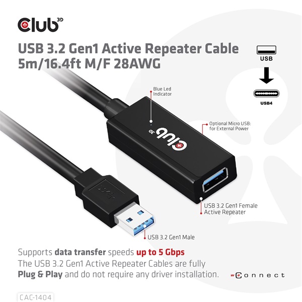 Club 3D kábel - CAC-1404 (3.2 USB-A, Active Repeater, 5Gbps, 5m)