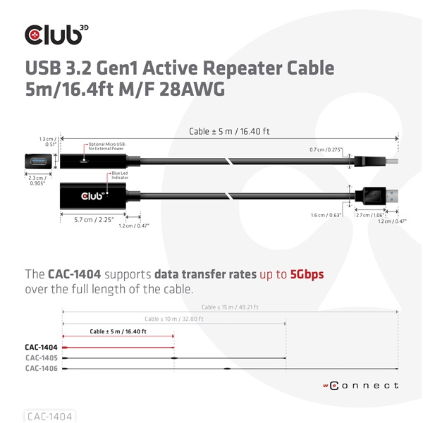 Club 3D kábel - CAC-1404 (3.2 USB-A, Active Repeater, 5Gbps, 5m)